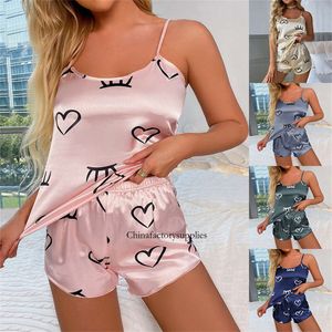 Vrouwen Pama Set 2 Stuks Sexy Hart Print Nachtkleding Pyjama Zijde Satijn Top en Shorts Nachtkleding Pakken Mouwloos Ondergoed tops