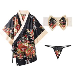 Conjunto de Pama para mujer, lencería Sexy, camisón largo de nailon, uniforme erótico japonés para mujer, bata tipo Kimono estampada, ropa de dormir sexy