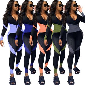 Vrouwen lambrised jumpsuits contast kleur rompertjes sexy v-hals onesie lange mouw bodysuits herfst winter kleding bodycon one stuk broek 3793