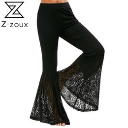 Dames Pant Black High Taille Flare Pants All Match Vintage Lange Lace Broek Mode Sexy 210524