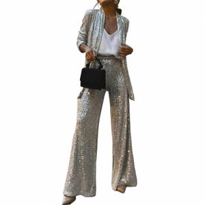 Femmes Pantalon Manteau Brillant Sequin Formel Trajet Style Cardigan Lg Seeve Mi Longueur Manteau Taille Haute Pantalon Large x0f7 #