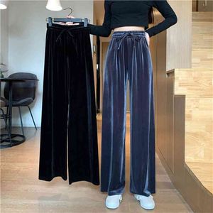 Vrouwen broek herfst winter dikker fluwelen pant koreaans casual elastische hoge taille brede been plus size zwarte losse broek 210522