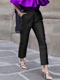 Damesbroek Zwart Shiny High Elastic Taille Elegant Office Work Enkle Lengte Potlood Capris voor Lady Summer Bottoms