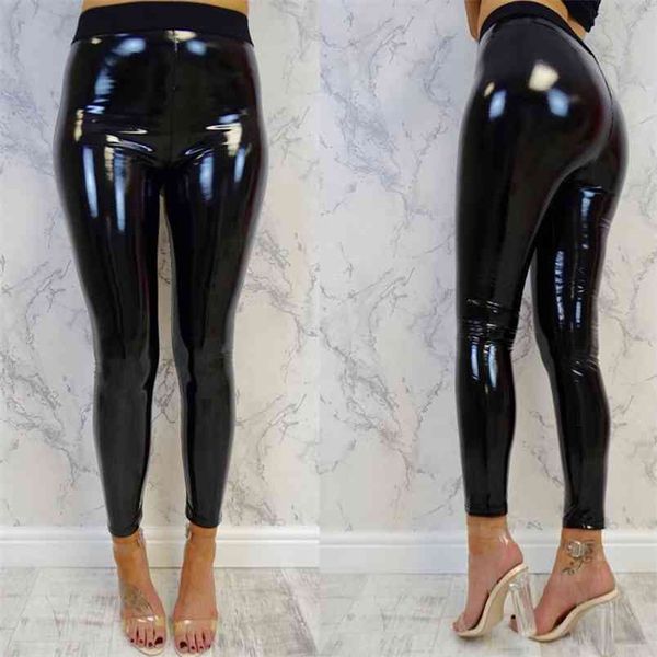 Femmes Pantalon Femme Automne Printemps Taille Haute En Cuir PU Noir Leggings Dames Shinny Crayon Pantalon De Mode Vêtements 210522
