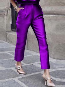 Femmes pantalons taille haute élastique violet été bureau dame travail décontracté crayon Capris avec poches pantalon brillant pour femme 4XL 240309