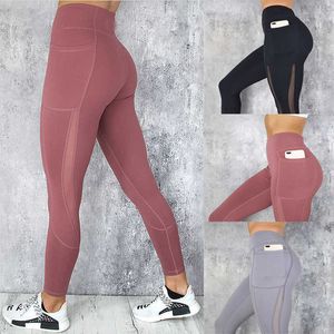 Dames broek mesh patchwork yogabroek panty panty stevige kleur fitness sport leggings met pocket broek atletische slijtage