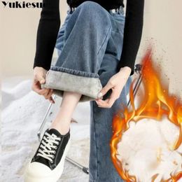 Pantalon d'hiver pour femme, Style édition coréenne, polyvalent, taille haute, cylindre droit, polaire épaisse, jambes larges, 240102