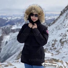 Dames parka ganzenveren Canadese ontwerper Gans winterdonsjack herenjas bontmuts overjas thermische hoed afneembare rode schouderknoop zwart wit donkerblauw