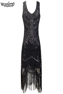 Vestido de fiesta para mujer Robe Femme años 20 Gran Gatsby Flapper Lentejuelas Vestido midi con flecos Vestido de verano Art Deco Retro Vestido negro Y1901179543007