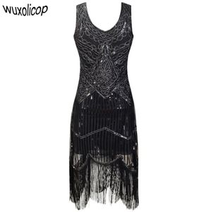 Robe de fête de fête Robe Femme des années 1920 Great Gatsby Flapper Sequin Fringe midi robe Vestido Summer Art Deco Retro Black Robe Y1901176324084