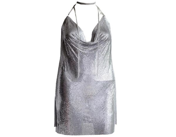 Vestido de fiesta para mujer Sexy Club Kendall Jenner Vestidos Diamond Halter Silver Elegant Deep V Backles 2205079116340