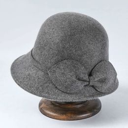 Femmes fête formelle chapeaux dame hiver mode asymétrique nœud papillon 100 laine feutre chapeaux seau melon casquette avec 240229