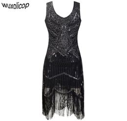 Vrouwen Party Gewaad Femme 1920s Great Gatsby Flapper Sequin Fringe Midi Vestido Zomer Art Deco Retro Zwarte Jurk Q1904171335293