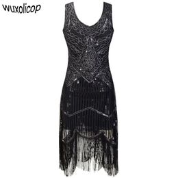 Vrouwen Party Gewaad Femme 1920s Great Gatsby Flapper Sequin Fringe Midi Vestido Zomer Art Deco Retro Zwarte Jurk Q1904172919