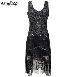 Vrouwen Party Gewaad Femme 1920s Great Gatsby Flapper Sequin Fringe Midi Vestido Zomer Art Deco Retro Zwarte Jurk Q190417275P