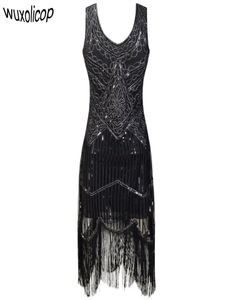Femme Party Robe Femme 1920 Great Gatsby Flapper Sequen Fringe Midi Vestido Summer Art Deco Robe Black Robe Q1904256026021
