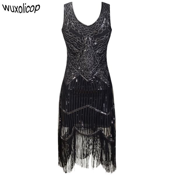 Mujeres Party Robe Femme 1920s Gran Gatsby Flapper Lentejuelas Fringe Midi Vestido Verano Art Deco Retro Vestido Negro Q190417