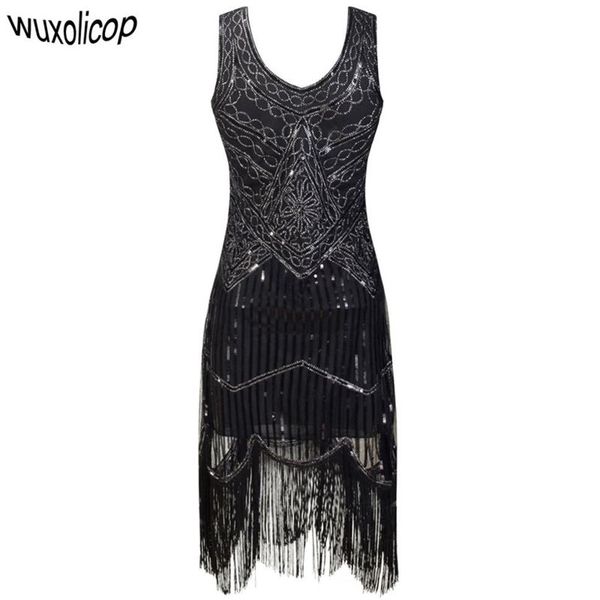 Bata de fiesta para mujer, Vestido Midi con flecos y lentejuelas de Great Gatsby de los años 20, Vestido negro Retro Art Deco de verano Q190417275P