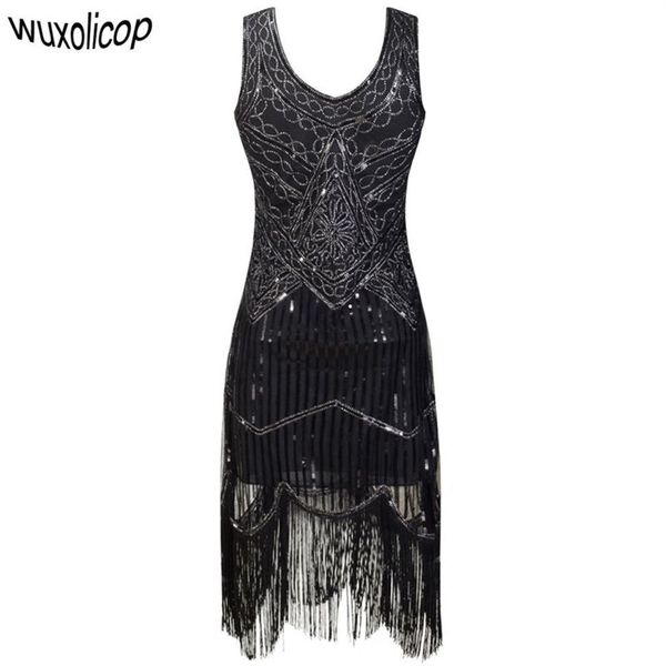 Bata de fiesta para mujer, Vestido Midi con flecos y lentejuelas del gran Gatsby de los años 20, Vestido negro Retro Art Deco de verano Q190417227H