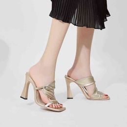Dames feestschoenen zomer hoge hakken groot formaat vis mond mode geplooide gouden vaste stiletto dames sandaal zapatos de mujer g220527