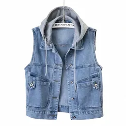 Vrouwen Patchwork Denim Vest Met Capuchon Casual Afneembare Hoed Sleevel Jassen Revers Korte Jean Chalecos W Blauw Cowboy Vest m7gy #