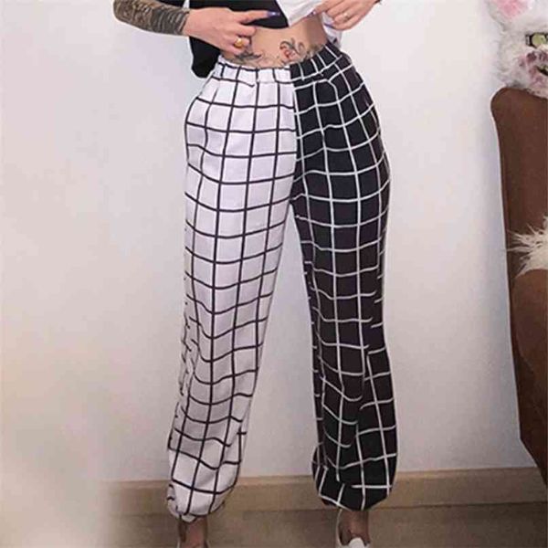 Mujeres Patchwork Plaid Jogger Pantalones Contraste Color Cintura alta Elástico Deporte Mujer Otoño Casual Moda Señoras Pantalones de chándal 210915