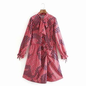 Femmes Patchwork impression col montant nœud papillon robe mi-longue femme à manches longues vêtements décontracté dame lâche Vestido D6959 210430