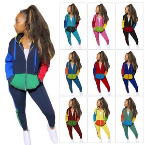 Vrouwen patchwork tweedelige broek outfits mode trend rits hooded tops joggingbroek jogger trainsuits ontwerper vrouwelijke casual sweatsuit sets