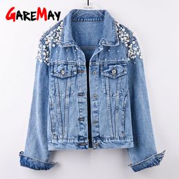 Dames Pearl Kralen Korte Denim Jassen Turn-down Collar Jean Jacket voor Losse Casual Lange Mouw Vintage Jas Vrouw 210428