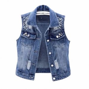 Mujeres Pearl Beading Chaleco Sleevel Denim Outerwear Chalecos Verano Coreano Slim Jeans Abrigo Mujer Jeans Chaquetas Slim Gielt V8Fk #