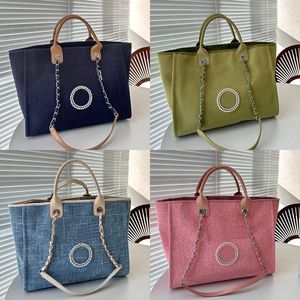 Dames Parelborduurwerk Canvas Linnen Strand Tote Bag Frankrijk Luxe Merk Designer Denim Winkelen Handtas Dame Keten Riem Grote Capaciteit Vakantie Schoudertassen