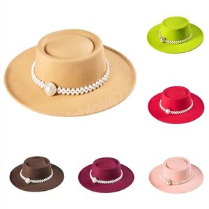 Vrouwen Pearl Fedora Hat voelde brede rand vintage tophoed met parelgordel brede panama cap herfst winter