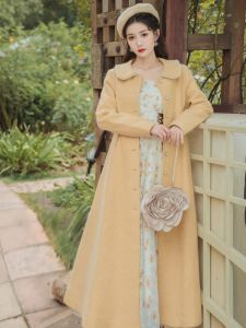 Femmes Pearl Peter Pan collier Beau manteau en laine chic pardessus fin femelle Style français Mouilles jaunes Lady Korean Design Casual Coat