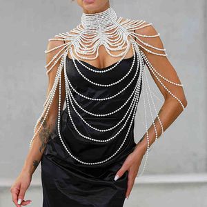 Mujeres perla chal collares cuerpo cadena Sexy con cuentas Collar hombro perla sujetador Top suéter cadena vestido de boda cuerpo joyería 211214