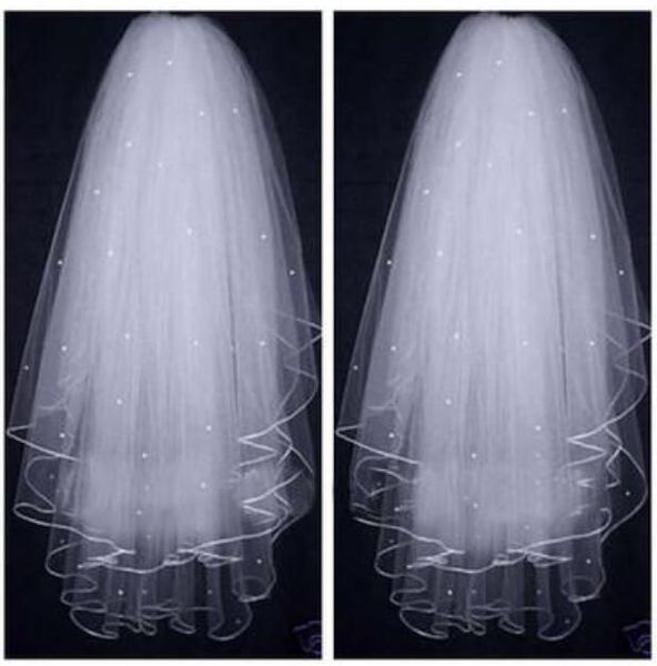 Mujeres PERLAS TULLE TUL CORTE TRANCAL VELOS CUBIO BORDE Blanco Marfil Super Glitter Pearl 3 Capas Velo de novia Accesorios de Novia Longitud 23-32inches