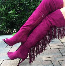 Femmes Peep Toe Fashion Quality mince sur le dos des genoux Pichettes en cuir en daim Bottes à talon haut 5 5