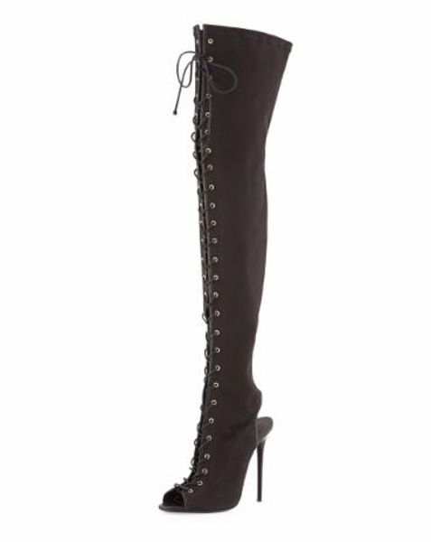 Femmes Peep Toe à lacets Slingback toile noire cuissardes dames talon haut sur le genou bottes hautes grande taille en gros