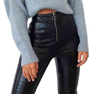 Femmes crayon pantalon en cuir PU taille haute fermeture éclair mouche motif imprimé maigre plissé mode pantalon 210522