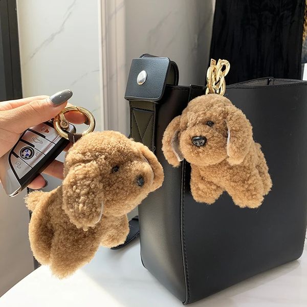Femmes pendentif mignon petit chien porte-clés véritable laine fourrure sac ornements jouet chiot voiture métal porte-clés fête bibelot cadeau 240227