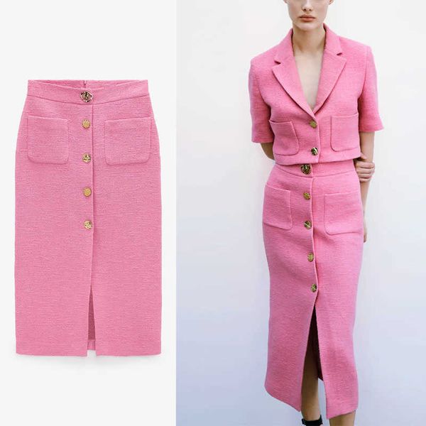 Femmes rose boutonné texturé jupe Za Vintage taille haute avant fente décontracté Midi jupes femme Chic dos Zip printemps jupe 210602