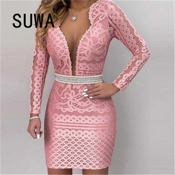 Femmes roses vêtements à manches longues robes de balustreur Arrivée offres élégant club et fête robe sexy robe de thé 210525