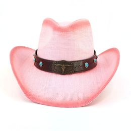 Femmes rose Cowgirl chapeau hommes Western papier paille Cowboy chapeau vache ceinture large bord Protection solaire Panama casquette dur Sombreros De Mujer