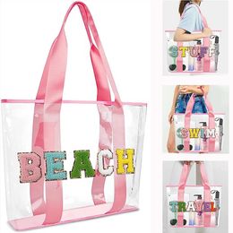 Vrouwen Roze Leuke Meisjes Reizen Chenille Brief Helder PVC Transparant Strand Patches Stuff Tote Bag met Handvatten voor Zwemmen 240221