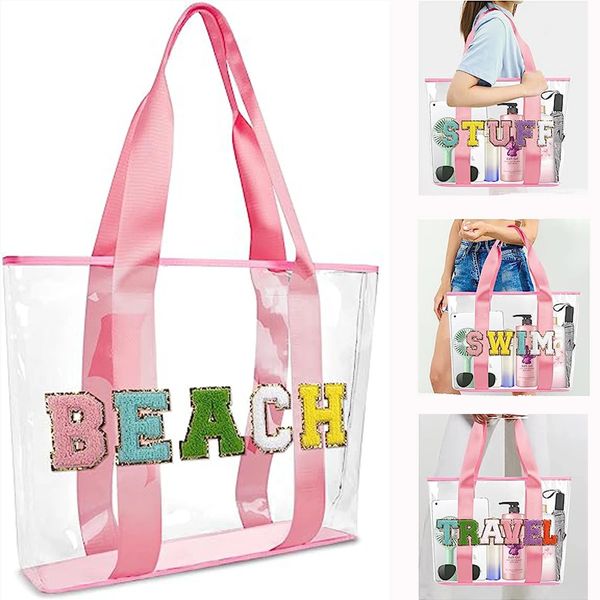 Femmes rose mignons filles voyage la lettre chenille transparent pvc transparent de plage de plage de plage sac fourre-tout avec des poignées pour nager 240415