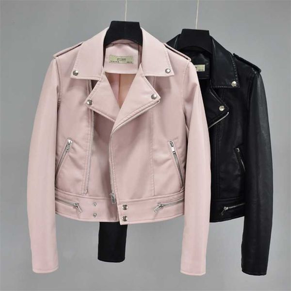 Femmes rose Faux cuir veste printemps automne fermeture éclair manteau court dames col rabattu Biker Moto 210525