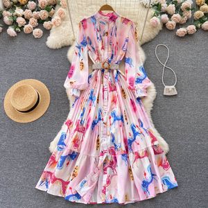 Robe de plage plissée rose à fleurs pour femmes, col montant, manches lanternes, tenue de soirée, printemps-automne, 2022