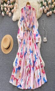 Femmes Robe de plage de vacances à fleurs roses printemps au printemps et collier de piste de piste lanterne Vestidos plissés 20221347648