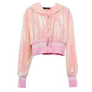 Vrouwen roze jasje glitter bling lovertjes casual dunne high street hip pop ritssluiting vaste korte H0050 210514