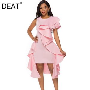 Femmes Rose Irrégulière Grande Taille Taille Haute Volants Robe Col Rond Sans Manches Coupe Ample Mode Marée Été 7D0017 210421