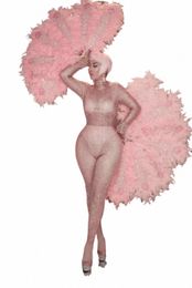 Femmes Rose Brillant Rhinestes Sexy Combinaison Performance Body Barboteuses Stage Wear Anniversaire Célébrer Stretch Outfit Combinaison D6Lt #